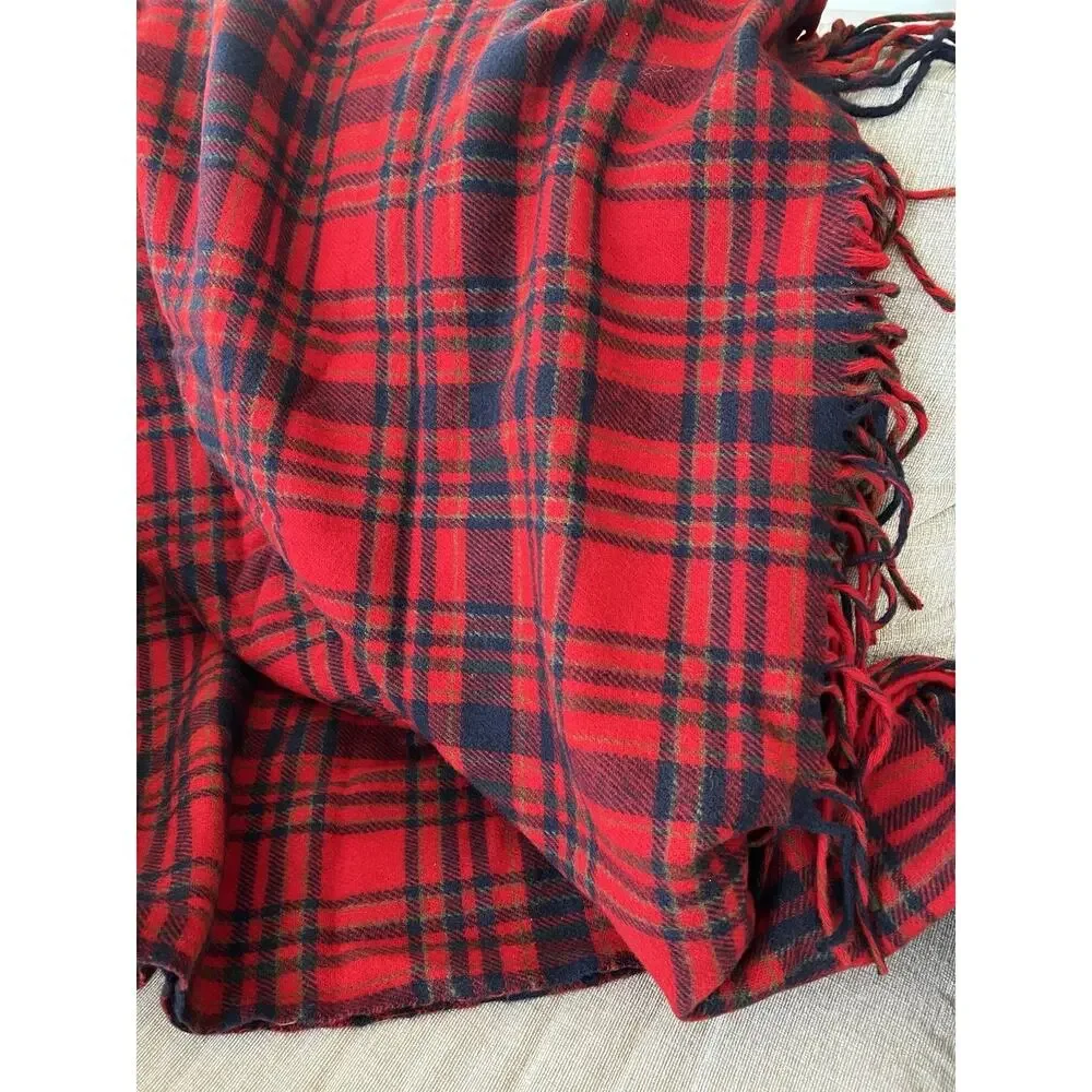 Vintage Pendleton Plaid 100% Wool Fringe Blanket Red Blue Made USA Approx. 52x72